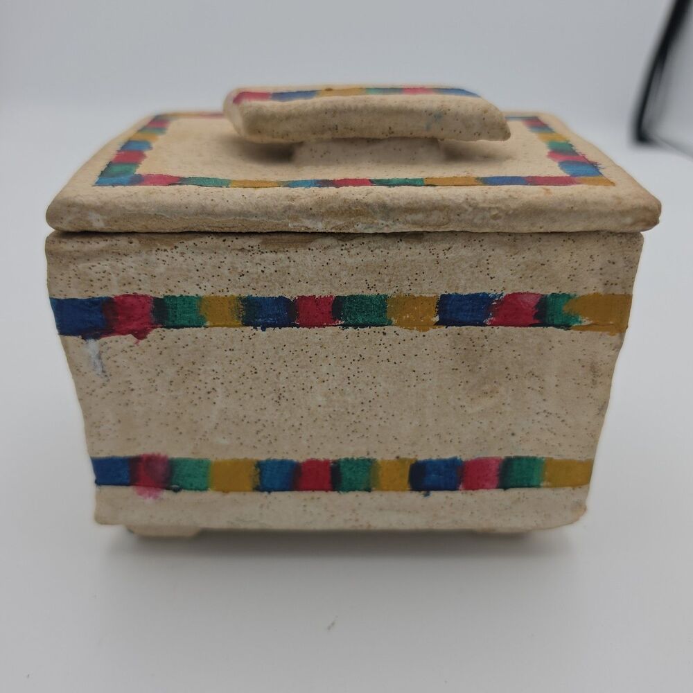 Vintage Signed Studio Pottery Lidded Trinket Box Hand Painted Geometric Design